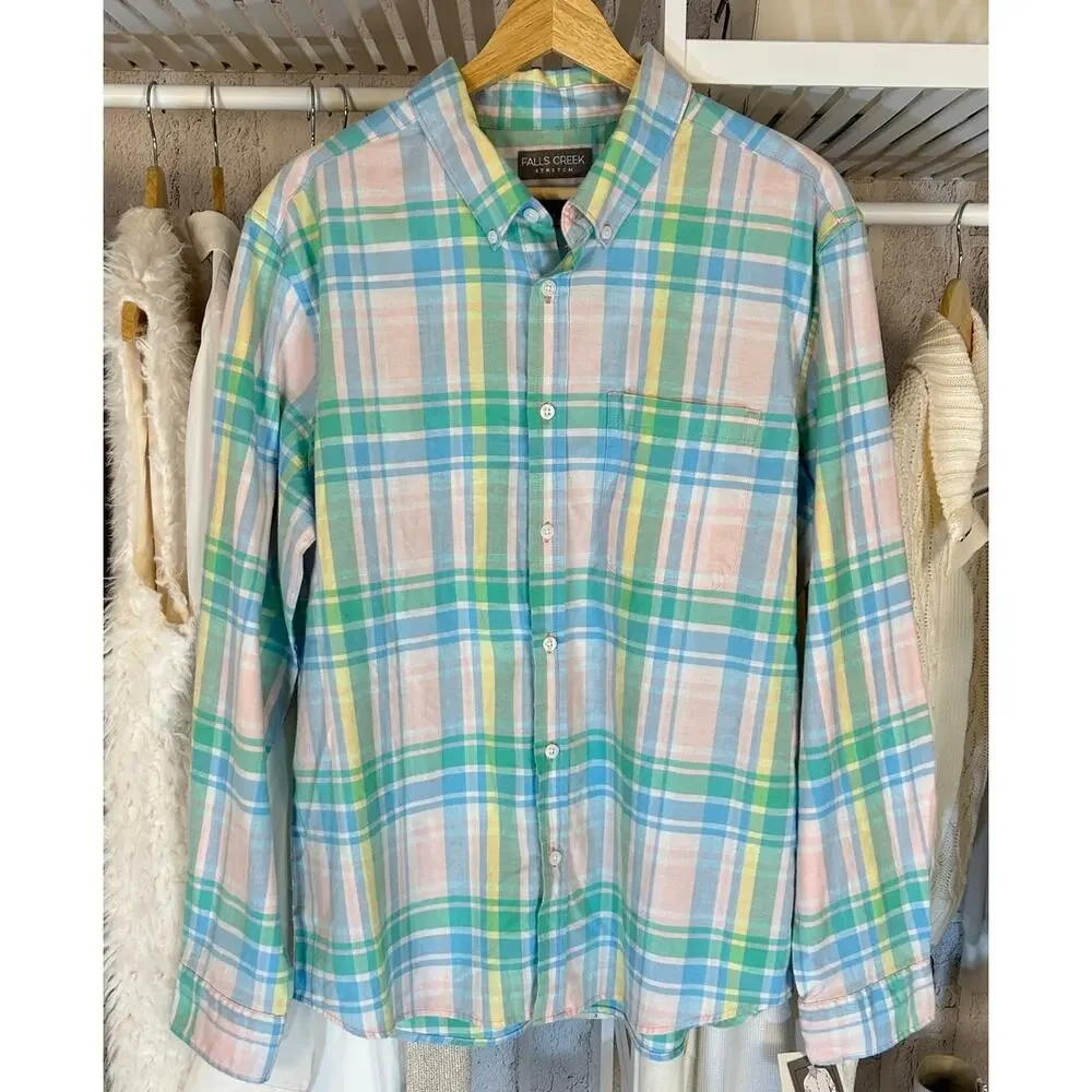 Falls Creek Stretch Men's Size L No Tuck Pastel Plaid Button Up Shirt #0282 - Picture 1 of 11
